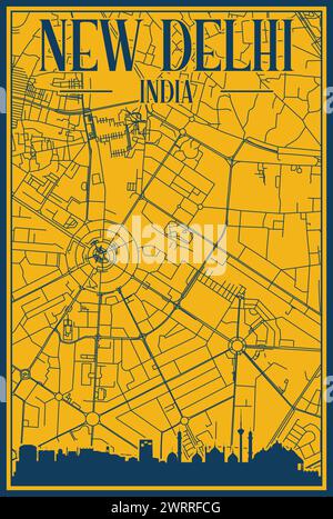 Handgezeichnetes Straßennetz und Skyline-Poster der Innenstadt von NEU-DELHI, INDIEN Stock Vektor