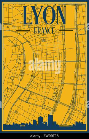 Handgezeichnetes Straßennetz und Skyline-Poster der Innenstadt von LYON, FRANKREICH Stock Vektor
