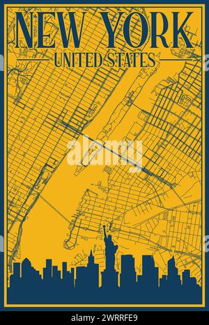 Handgezeichnetes Straßennetz und Skyline-Poster der Innenstadt von NEW YORK, USA Stock Vektor