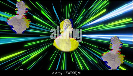 Bild von antiken Skulpturen über grünen und blauen Neonlichtpfaden Stockfoto