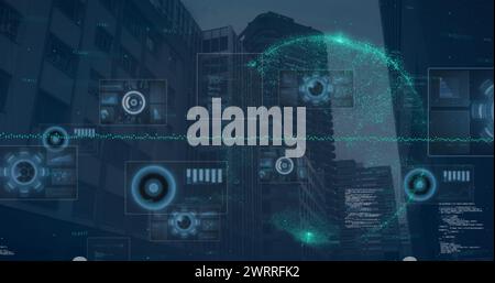 Zusammensetzung der Datenverarbeitung auf Bildschirmen über Globus und Stadtlandschaft Stockfoto
