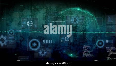 Zusammensetzung der Datenverarbeitung und des Scans auf Bildschirmen auf der ganzen Welt Stockfoto