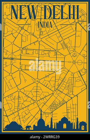 Handgezeichnetes Straßennetz und Skyline-Poster der Innenstadt von NEU-DELHI, INDIEN Stock Vektor