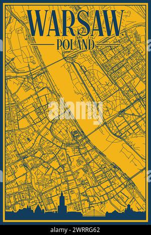 Handgezeichnetes Straßennetz und Skyline-Poster der Innenstadt von WARSCHAU, POLEN Stock Vektor