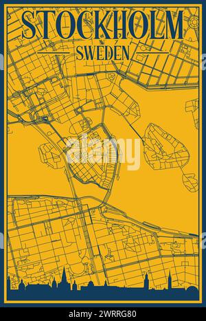 Handgezeichnetes Straßennetz und Skyline-Poster der Innenstadt von STOCKHOLM, SCHWEDEN Stock Vektor