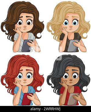 Vier illustrierte Frauen zeigen ihre Besorgnis Stock Vektor