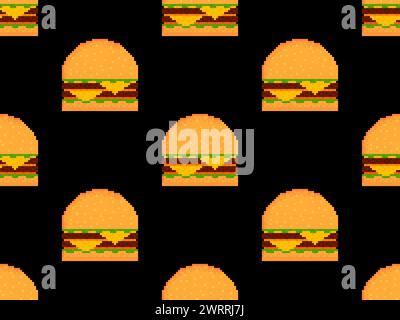 Nahtloses Pixel Burger-Muster. 8-Bit-Cheeseburger mit zwei Patties und Käse. Cheeseburger mit zwei Schnitzeln, Käse und Saucen im Pixel-Art-Stil. De Stock Vektor