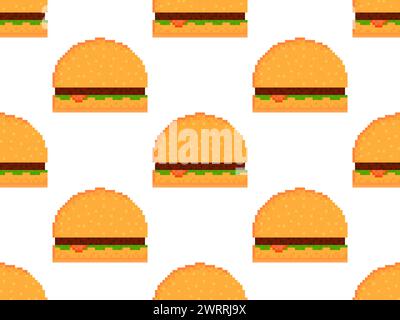 Nahtloses Muster mit Hamburgern im Pixel-Art-Stil. Pixel-Burger mit Schnitzel und Saucen, 8-Bit-Fast-Food-Hamburger, Brötchen mit Sesamsamen. Design für Stock Vektor