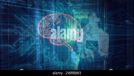 Bild der Datenverarbeitung und des digitalen Gehirns über der kaukasischen Frau im Serverraum Stockfoto