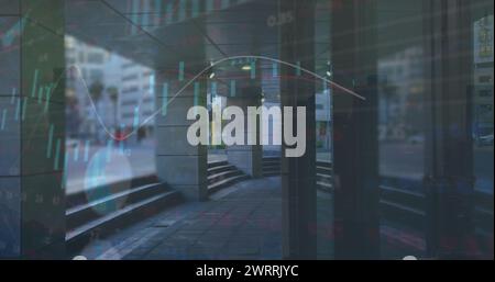 Bild von Finanzdaten und Grafiken über dem Stadtbild Stockfoto