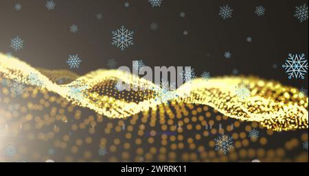Bild von Schneeflocken über hellen Flecken auf schwarzem Hintergrund Stockfoto
