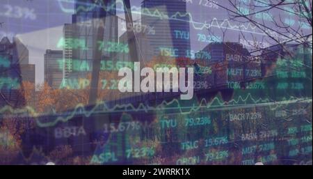 Bild von Finanzdaten und Grafiken über dem Stadtbild Stockfoto