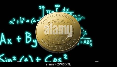 Abbildung mathematischer Gleichungen über nft-Münze auf schwarzem Hintergrund Stockfoto