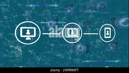 Abbildung der Symbole der angeschlossenen Medien über das Netzwerk der Verbindungen und die Datenverarbeitung auf der Schnittstelle Stockfoto