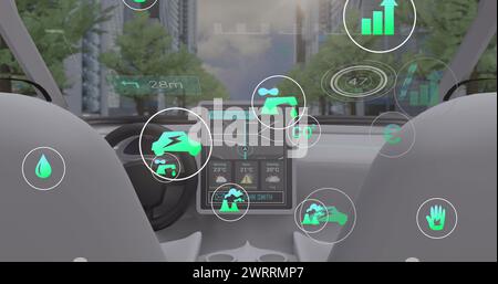 Bild von Symbolen für Datenverarbeitung und Ökologie über Auto und Stadt Stockfoto