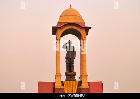 Statue von Subhas Chandra Bose unter dem Dach hinter dem India Gate war Memorial, monolithische Netaji-Statue aus schwarzem Granit in Neu-Delhi verewigt in Stockfoto
