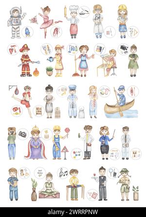 Alphabet Poster für Kinder, handgezeichnete Berufe ABC Illustrationen, Bildung für Baby, Menschen in Beruf. Englisches Vorschulalphabet. Homescho Stockfoto