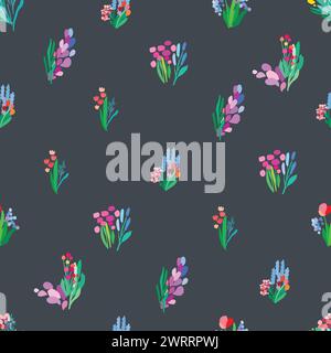 Ein nahtloses Muster aus bunten Blumen und Blättern auf dunklem Hintergrund Stock Vektor