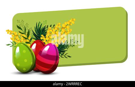 Rechteckiger grüner Rahmen mit roten und grünen Eiern und Blättern, Mimosen und Tulpen. Vektorabbildung in abgewickelter Form. Spring Clipart für Wörter Stock Vektor