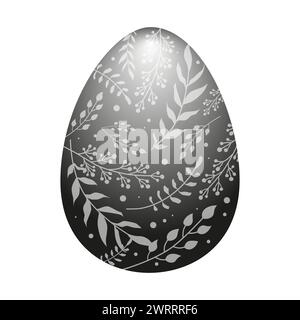 Schwarzes Osterei mit einem Muster aus weißen Blättern und Zweigen. Abbildung in flacher Form auf weißem Hintergrund. Vektor-isoliertes Clipart für die Konstruktion von gr Stock Vektor