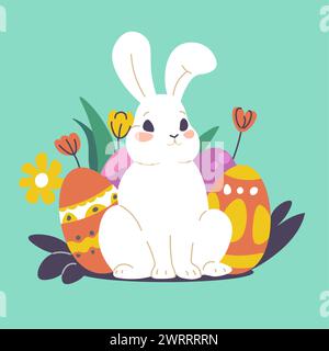 Süßes Kaninchen für ostern, Eier und Frühlingsblumen Stock Vektor