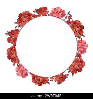 Kranz mit roten Geranienblüten. Handgezeichnete Aquarellillustration isoliert auf weißem Hintergrund. Stockfoto