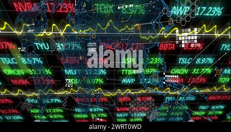 Bild der Datenverarbeitung und Börsenkarte auf schwarzem Hintergrund Stockfoto