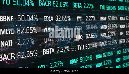 Bild der Datenverarbeitung und Börsenkarte auf schwarzem Hintergrund Stockfoto