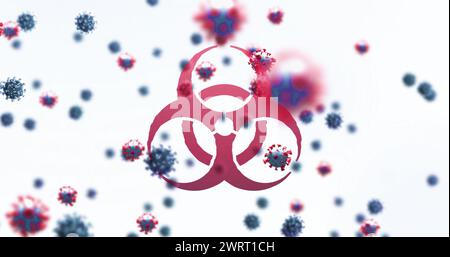 Bild eines roten Viruszeichens und makroskopischer COVID-19-Zellen, die auf weißem Hintergrund mit einem DNA-Symbol schweben Stockfoto