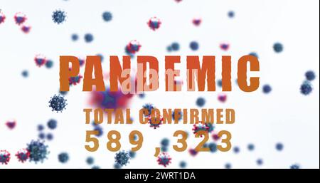 Bild der Wörter Pandemic und Total bestätigt mit wechselnden Zahlen und Makro-COVID-19-Zellen Stockfoto