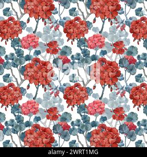 Rote Geranienblumen und Blätter Aquarellhintergrund mit Ornament. Handgezeichnetes Blumenmuster Stockfoto