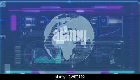 Bild der Infografik-Daten mit Diagrammen, Globus-Verarbeitung auf digitaler Schnittstelle Stockfoto