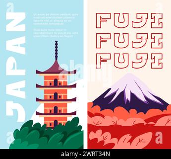 Wahrzeichen des Fuji-Berges und japanische Tempellandschaft Stock Vektor