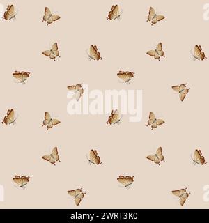 Braune Schmetterlinge, nahtloses minimalistisches Aquarellmuster auf beigefarbenem Hintergrund. Für den Einsatz in Design, Stoff, Textil, Scrapbooking, Tapeten, Umhüllung p Stockfoto