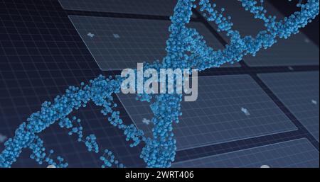Bild des dna-Strangs und der wissenschaftlichen Datenverarbeitung auf blauem Hintergrund Stockfoto