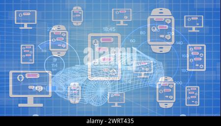 Abbildung eines Desktops mit Online-Ai-Chat-Verarbeitung auf elektronischen Geräten über 3D-Fahrzeugzeichnung Stockfoto