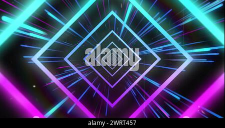 Bild von blauen Neonlichtern und Quadraten auf schwarzem Hintergrund Stockfoto