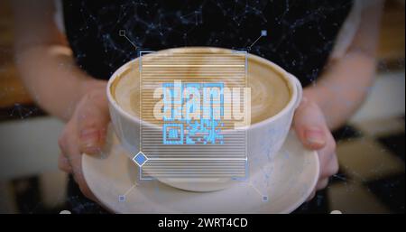 Blauer QR-Code verbindet sich digital über Frau mit Kaffee. Stockfoto