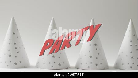 Bild von Partytext über Partyhüten im Hintergrund Stockfoto