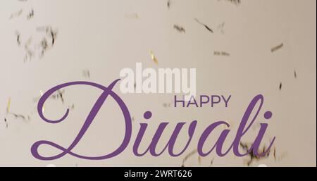 Bild von Happy diwali Text über Konfetti, das auf weißem Hintergrund fällt Stockfoto