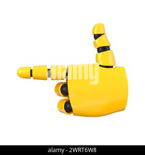 Gelbe Emoji-Bot-Hand, die die Geste nach links oder in Richtung zeigt. Isolierte KI oder automatisiertes Konzept. 3D-Rendering Stockfoto