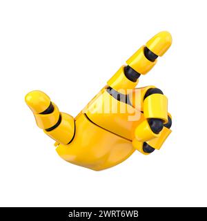 Gelbe Hand des Emoji Bots zeigt oder zeigt Geste nach oben. Isolierte KI oder automatisiertes Konzept. 3D-Rendering Stockfoto