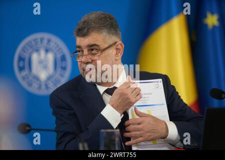 Bukarest, Rumänien. 14. März 2024: Marcel Ciolacu, der rumänische Premierminister, leitet das Regierungstreffen im Victoria Palace, dem Hauptquartier der rumänischen Regierung. Quelle: Lucian Alecu/Alamy Live News Stockfoto