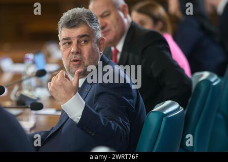 Bukarest, Rumänien. 14. März 2024: Marcel Ciolacu, der rumänische Premierminister, leitet das Regierungstreffen im Victoria Palace, dem Hauptquartier der rumänischen Regierung. Quelle: Lucian Alecu/Alamy Live News Stockfoto