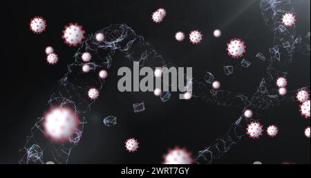 Bild eines 3D-DNA-Strangs, der sich mit COVID-19-Coronavirus-Zellen dreht, die auf schwarzem Hintergrund schweben Stockfoto