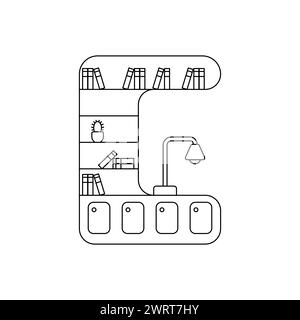 Kontur-Vektor für Buchschreibung. Gemütlicher Kleiderschrank mit Lampenvektor. Innenraummöbel für Wohnraum, lineares Möbelkonzept. Bücher, Lampe auf dem Regalvektor. Stock Vektor
