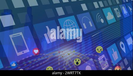 Bild von Mediensymbolen über dem Stadtbild Stockfoto