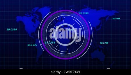 Runder Scanner und mehrere Zahlen, die über der Weltkarte vor blauem Hintergrund schweben Stockfoto