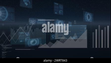 Abbildung von Diagrammen, Weltkarte und Datenverarbeitung auf dunklen Bildschirmen Stockfoto