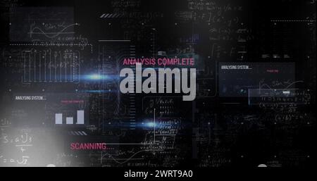 Bild der Datenverarbeitung mit mathematischen Gleichungen auf schwarzem Hintergrund Stockfoto